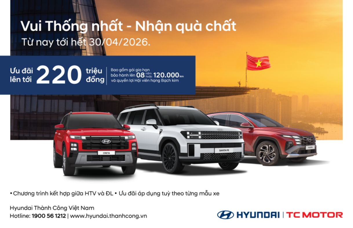 Hyundai Thành Công: Ưu đãi khủng tháng 4/2026 tới 220 triệu