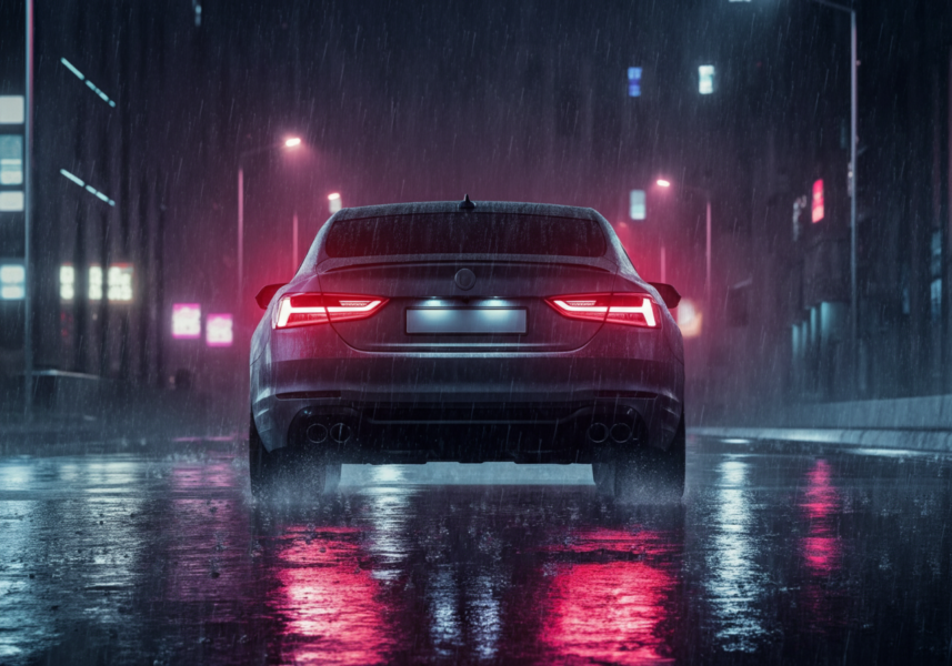Xe Toyota nhìn từ phía sau dưới cơn mưa đêm thành phố