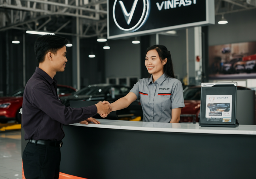 Nhân viên VinFast phục vụ khách hàng theo tiêu chuẩn dịch vụ 5 sao