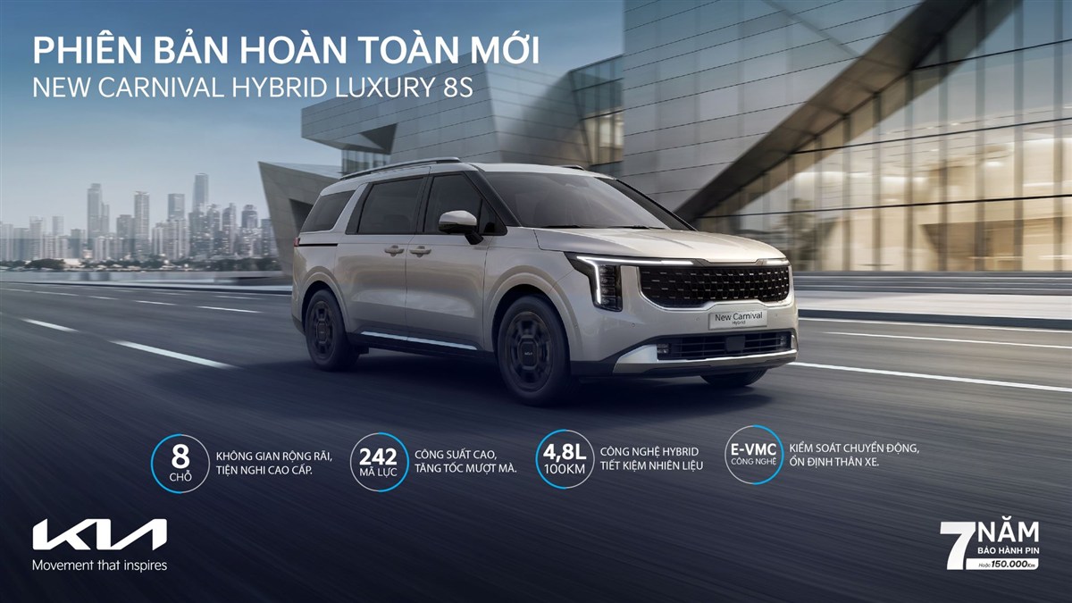 Thông số New Carnival Hybrid Luxury 8S: 242 mã lực, 4,8L/100km, công nghệ E-VMC, bảo hành pin 7 năm