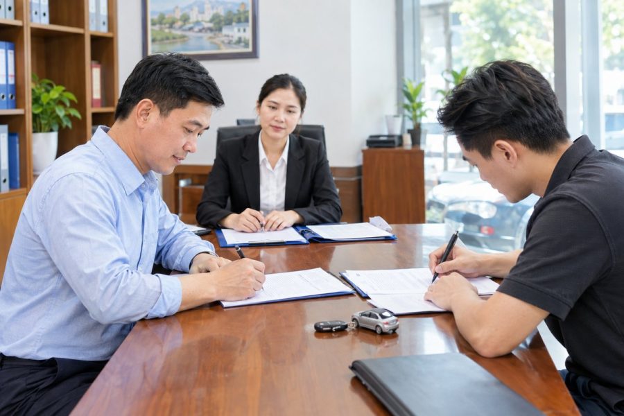 Người bán và người mua ký hợp đồng mua bán xe tại văn phòng công chứng