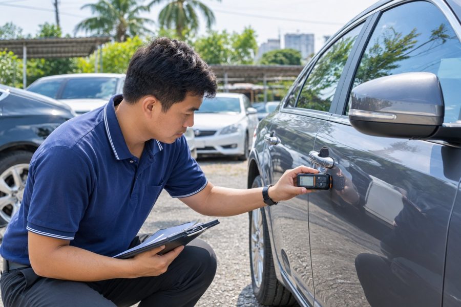 Chuyên viên đo độ dày sơn cửa xe khi định giá xe ô tô cũ