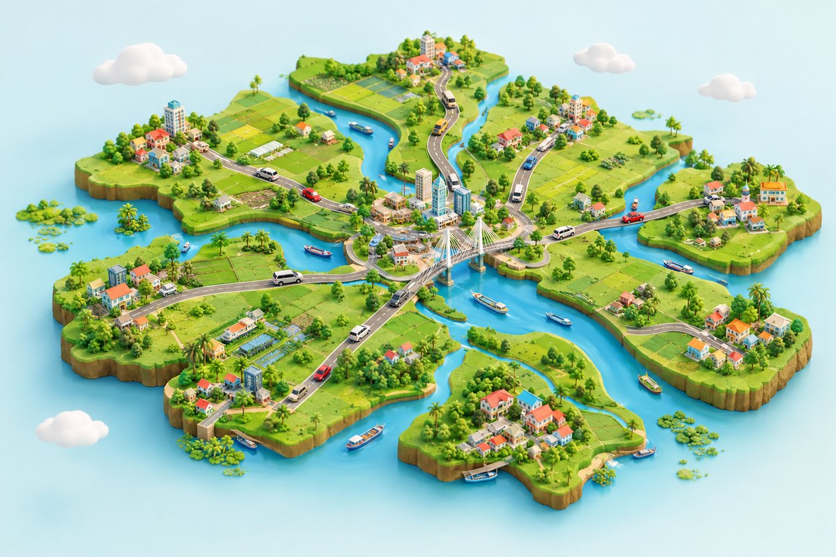 Minh họa 3D vùng đồng bằng sông Cửu Long với các tuyến xe hướng về Cần Thơ