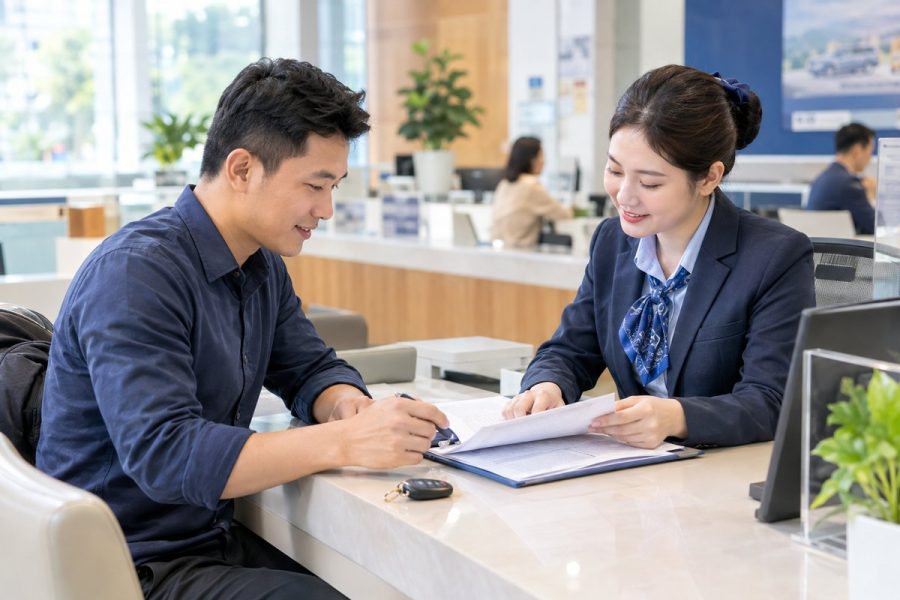 Chủ xe cùng nhân viên ngân hàng xem hồ sơ vay để tất toán khoản vay mua xe