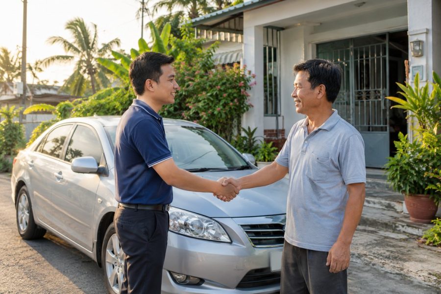 Chuyên viên thu mua bắt tay chủ xe bên chiếc sedan cũ trước nhà