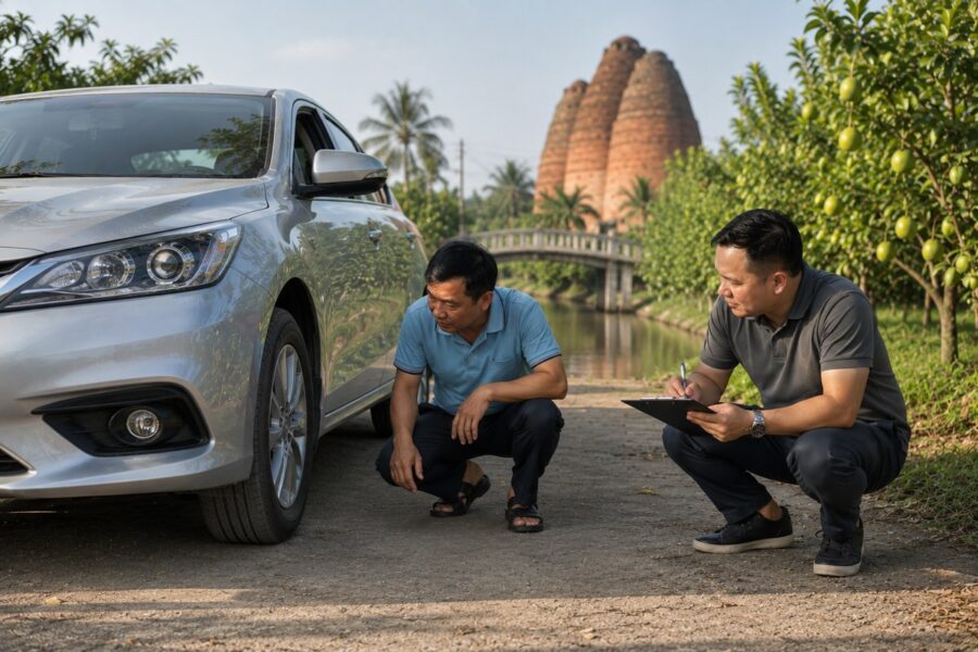 Chuyên viên kiểm tra bánh xe khi thu mua ô tô cũ ở Vĩnh Long, gần lò gạch Mang Thít