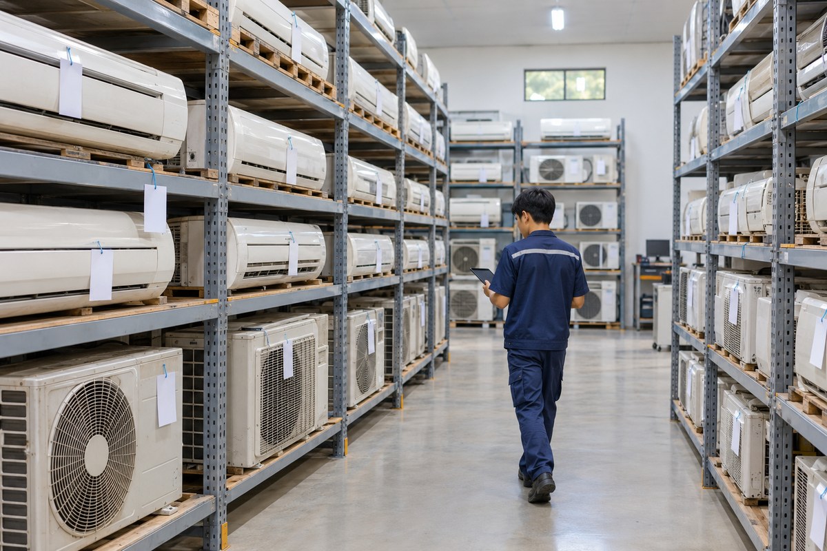 Nhân viên kiểm kê máy lạnh cũ đã phân loại trên kệ trong kho
