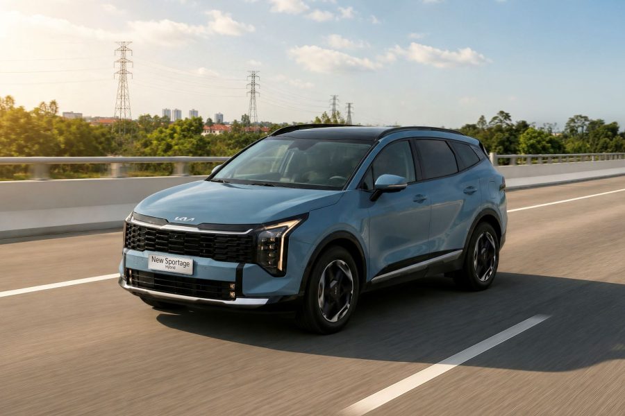 New Sportage Hybrid màu xanh dương chạy trên đường cao tốc ngoại ô