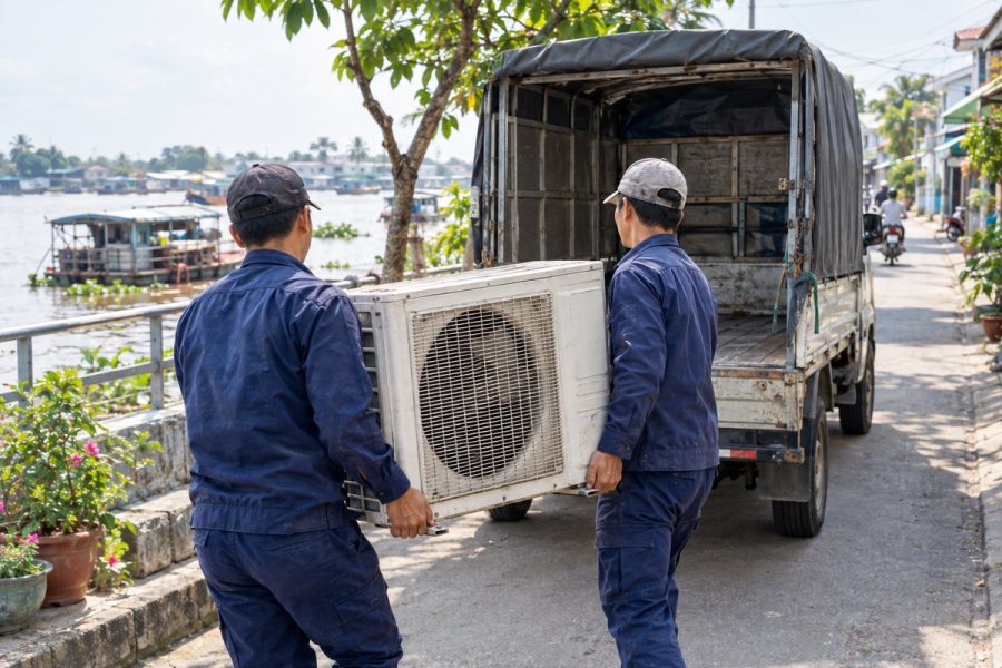 Hai thợ khiêng dàn nóng máy lạnh cũ lên xe tải nhỏ bên bờ sông