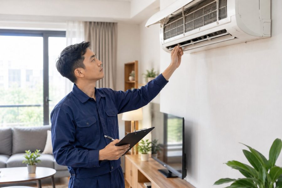 Kỹ thuật viên kiểm tra dàn lạnh máy lạnh cũ tại nhà để thu mua