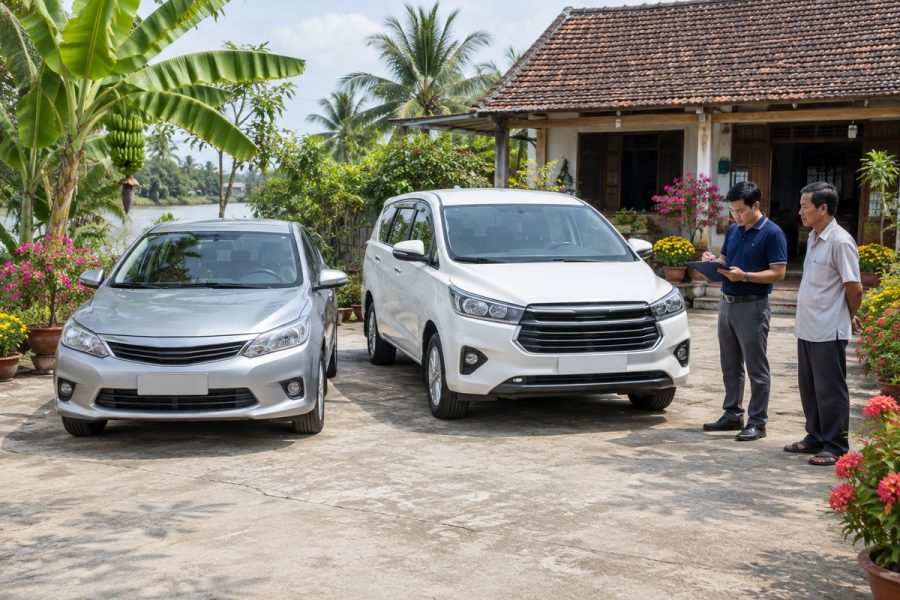 Chuyên viên ghi chú bên chiếc sedan bạc và chiếc MPV trắng bảy chỗ đỗ cạnh nhau trong sân nhà ở Tiền Giang
