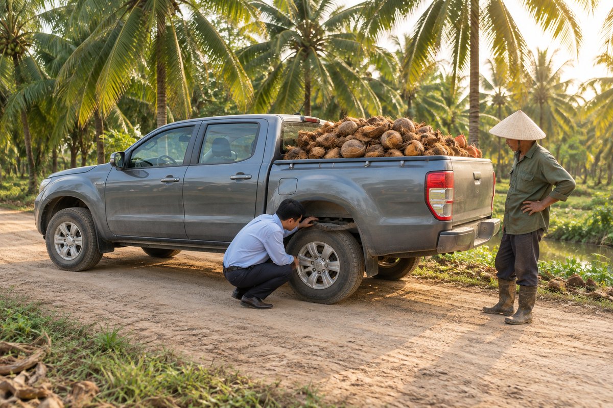 Chuyên viên kiểm tra bánh sau chiếc bán tải xám chở dừa trên đường đất giữa vườn dừa ở Vĩnh Long, nông dân đứng bên cạnh