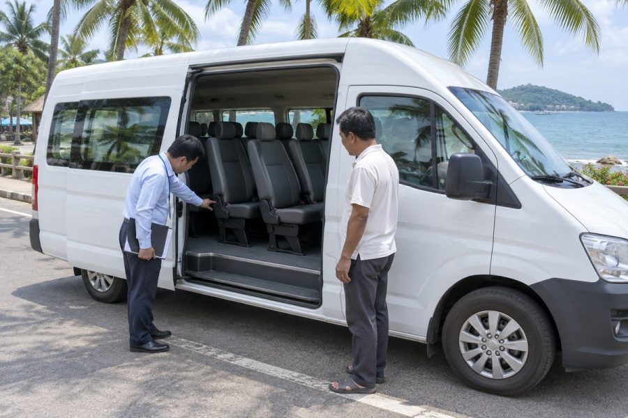 Chuyên viên kiểm tra ghế khách qua cửa lùa của chiếc minibus 16 chỗ màu trắng bên đường ven biển Phú Quốc