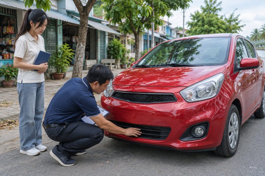 Chuyên viên kiểm tra cản trước chiếc hatchback đỏ nhỏ trên con phố ở Cà Mau, chủ xe cầm sổ bảo dưỡng đứng cạnh