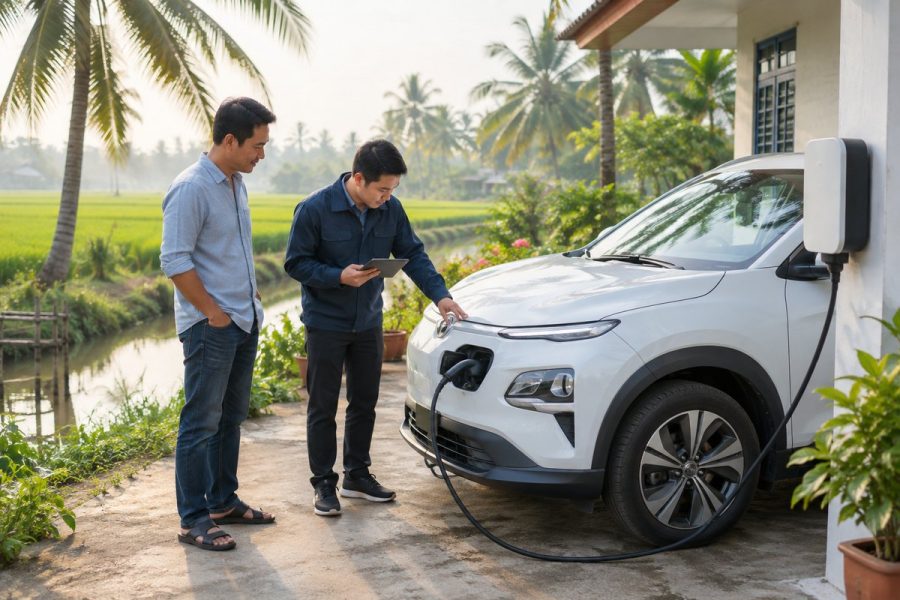 Chuyên viên định giá xe ô tô điện cũ tại nhà chủ xe ở miền Tây