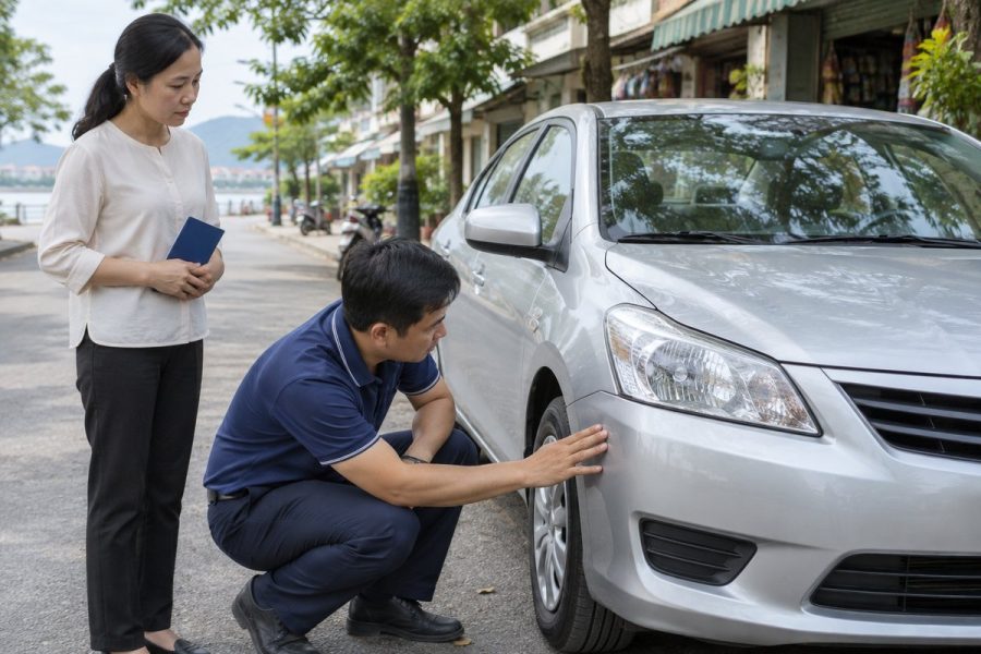 Chuyên viên kiểm tra đèn pha và cản trước chiếc sedan bạc trên con phố ở Châu Đốc, chủ xe cầm sổ bảo dưỡng