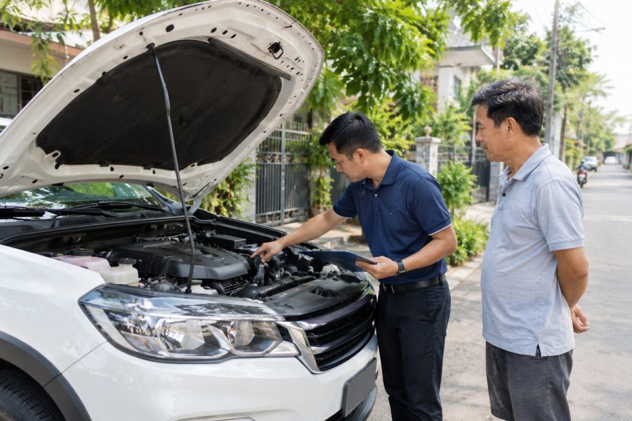 Chuyên viên kiểm tra khoang máy chiếc SUV trắng ngay trước nhà chủ xe ở Trà Vinh