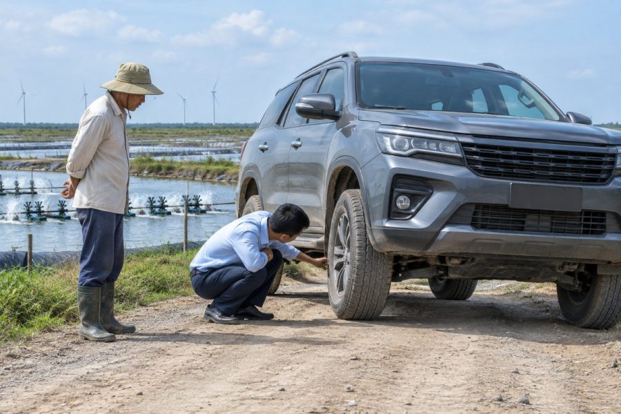 Chuyên viên kiểm tra gầm và hệ thống treo xe SUV màu xám bên đường đất cạnh ao nuôi tôm ở Bạc Liêu