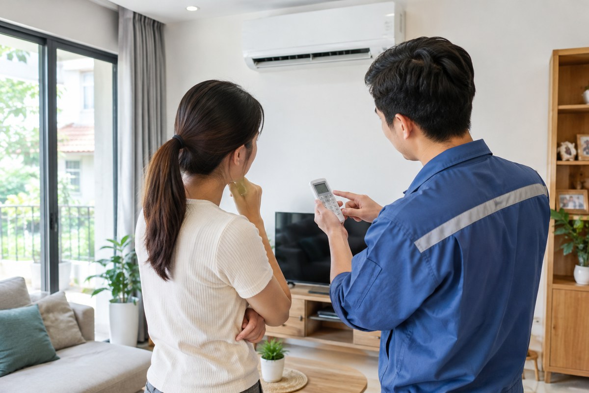 Kỹ thuật viên cùng khách hàng xem tình trạng máy lạnh để báo giá thu mua